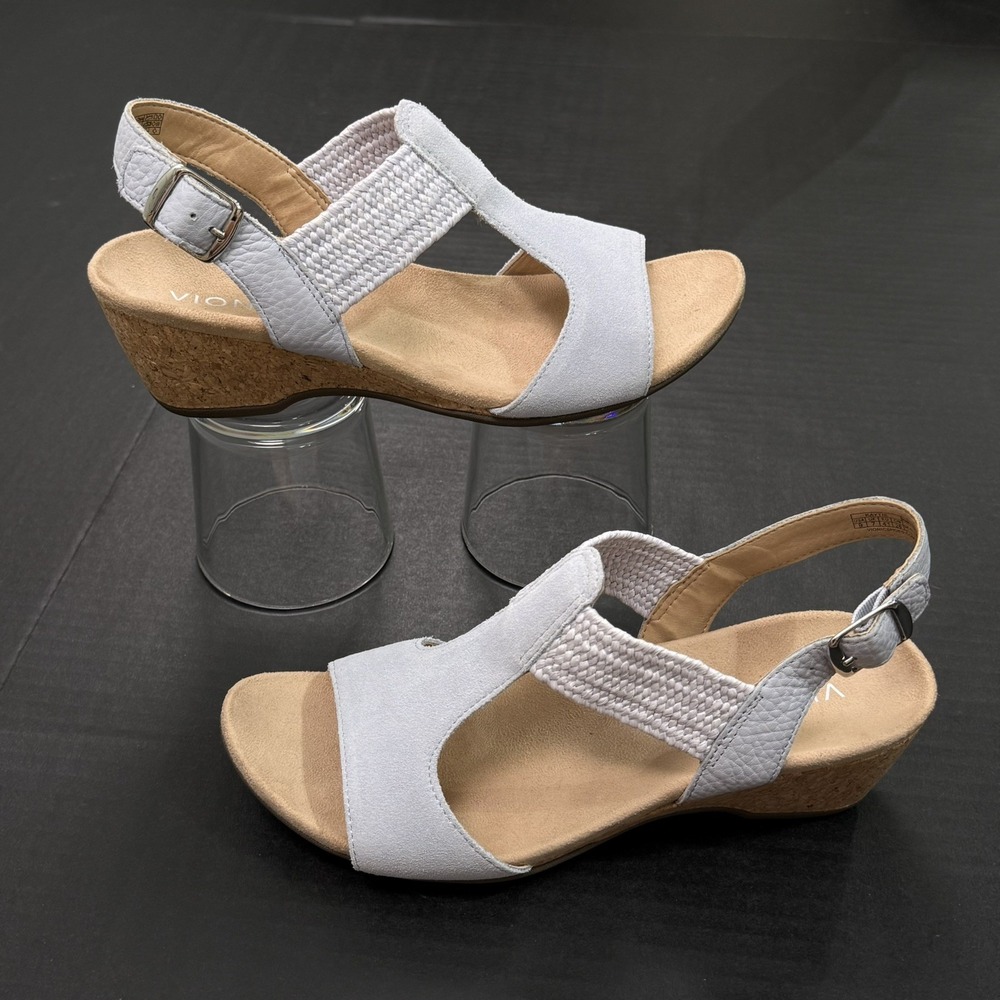 Vionic Kaytie Wedge Sandal Shoe Women US 9 Blue Suede Leather Cork Platform Heel